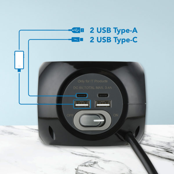 Base de 3 enchufes schuko con 2 puertos USB y 2 USB-C tipo cubo