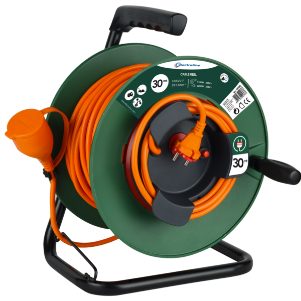 color naranja y verde cable HO5 VV-F 3G1,5mm² 50  Electraline 20866149G Enrollacables de jardín con tapa de protección sobre enchufe 