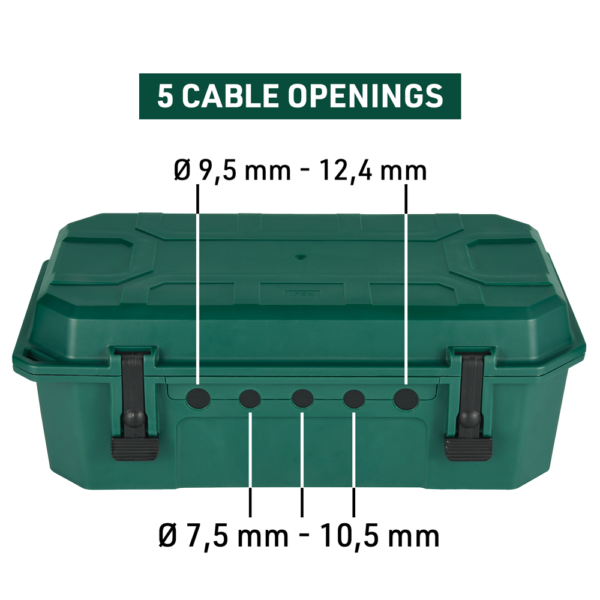 IP54, con bloqueo, 4 enchufes IP44, con capuchas, cable de 5 m, H05RR-F 3G1.5, verde, X-grande Caja de protección impermeable para exteriores Electraline 300182 